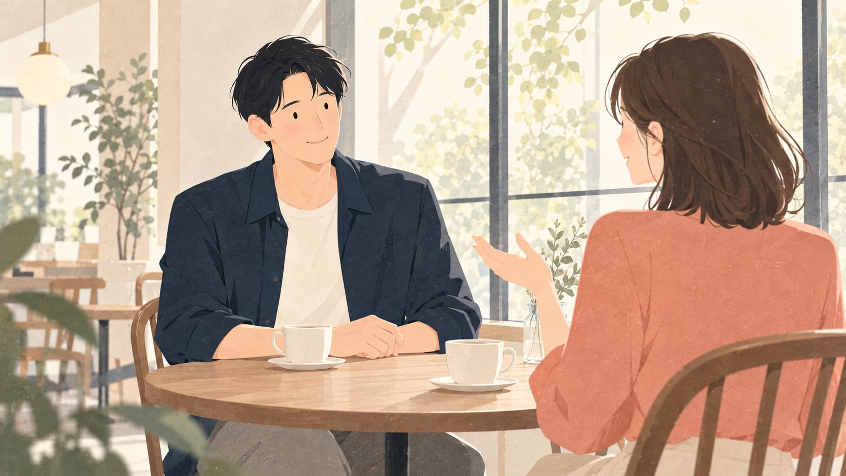 明るいカフェで向かい合い、女性の話に耳を傾ける男性のイラスト