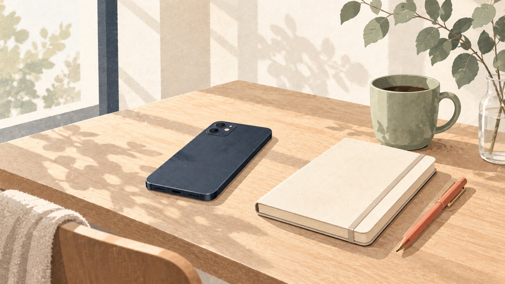 スマートフォンを伏せて置いた机と、相談内容を整理するためのノートのイラスト