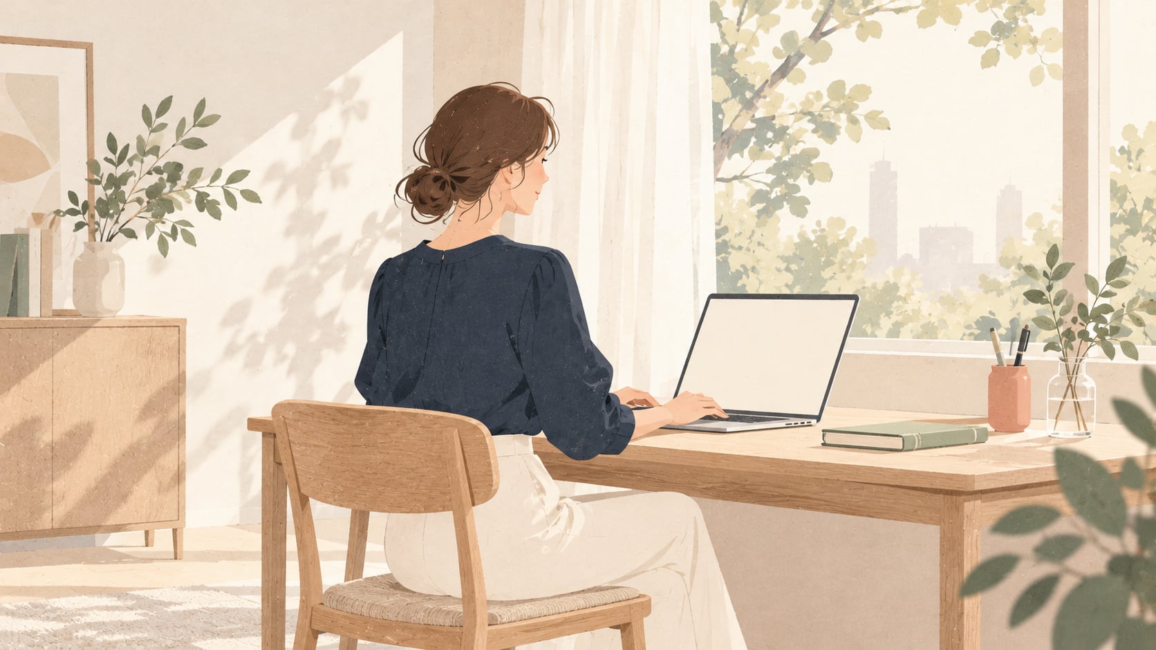 窓辺の机でノートパソコンにプロフィールを書く女性のイラスト