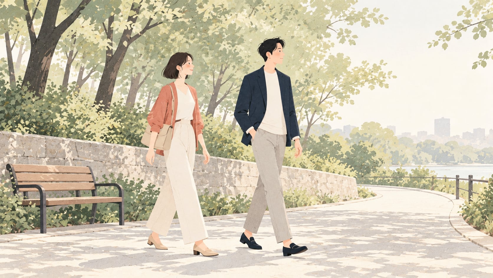 少し間をあけて公園の小道を並んで歩く二人のイラスト